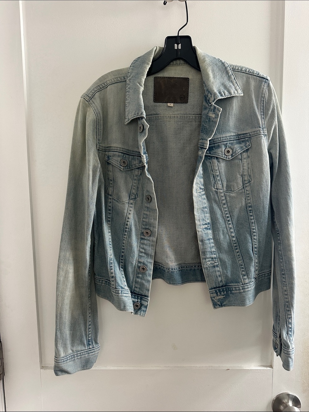 AG Adriano Goldschmied Light Blue Denim Jacket with Brown Leather Patch